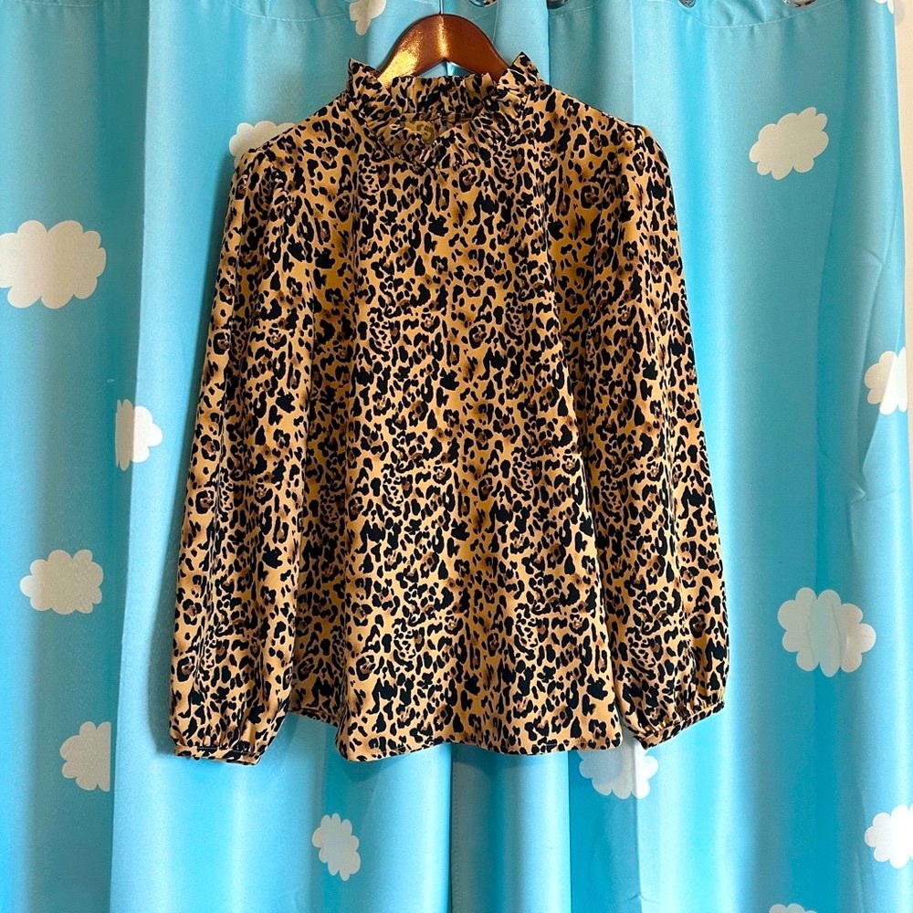 J Crew Juliet sleeve, ruffle collar leopard blouse.